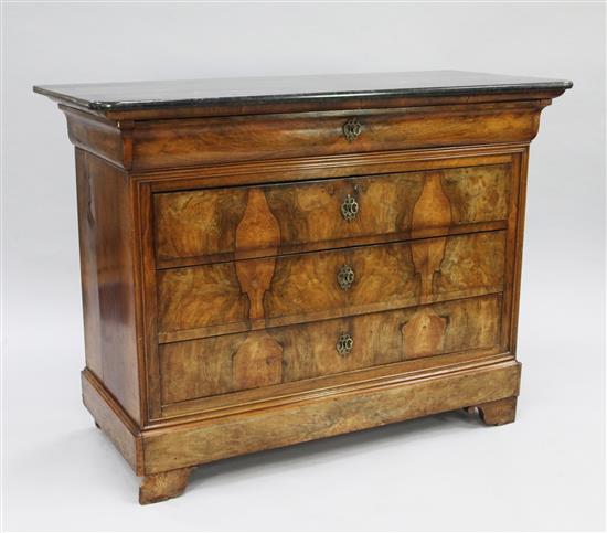 A 19th century French marble top walnut commode, W.4ft 4in.